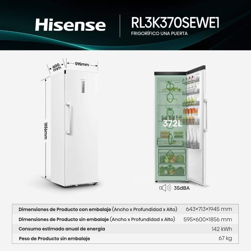 frigo 1p hisense rl3k370sewe1 186x60x60 1p nf bco kfit - Imagen 3