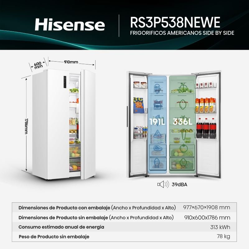 frigo americano hisense rs3p538newe 179x91x60 nf bco dsp kfit - Imagen 2