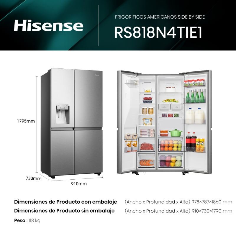 frigo americano hisense rs818n4tie1 179x91x73 nf disp inox - Imagen 2