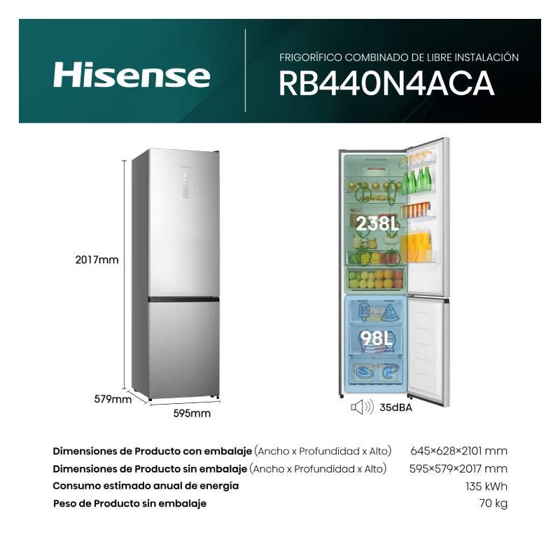 frigo combi hisense rb440n4aca 202x60x58 nf inox - Imagen 2