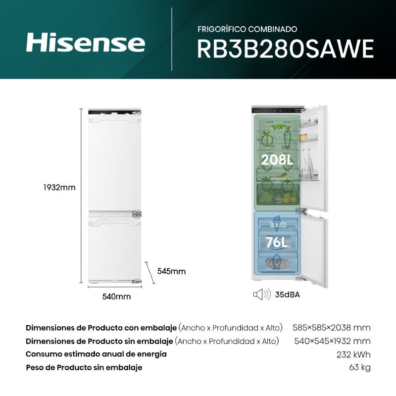 frigorifico integrable hisense rb3b280sawe 194x54x55 nf clase/e - Imagen 2