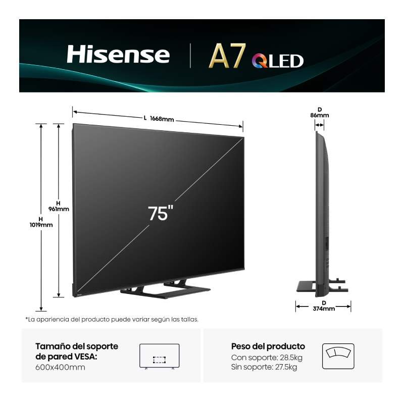 television hisense 75″ 75a7q uhd qled smart tv hdr10+ - Imagen 2