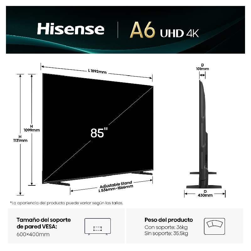 television hisense 85″ 85a6q uhd smart tv dolbyvision dtsx - Imagen 2